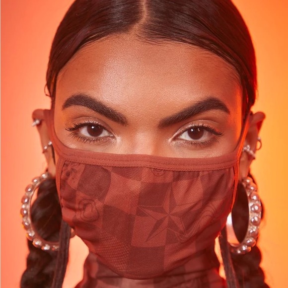 Dolls Kill Luxury Vibes Brown Mesh Checkered Crop Top, Mini Skirt & Mask Set - Picture 9 of 16